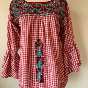Mi Golondrina Red Checkered Blouse with Green Embroidery